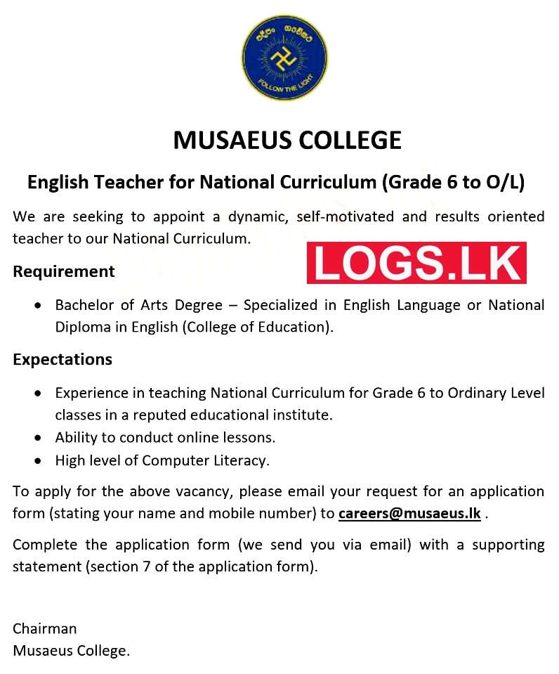 English Teacher Job Vacancy in Musaeus College Jobs Vacancies